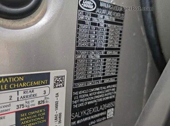 SALYK2EX0LA264650 2020 LAND ROVER RANGE ROVER Gray Widok wnętrza z tyłu