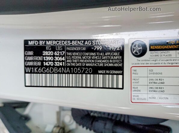 W1K6G6DB4NA105720 2022 MERCEDES-BENZ S White 