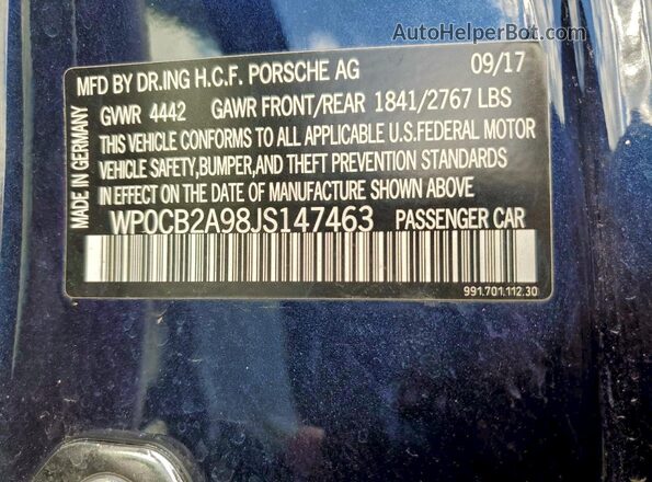 WP0CB2A98JS147463 2018 PORSCHE 911 Blue VIN კოდის სტიკერის ხედი