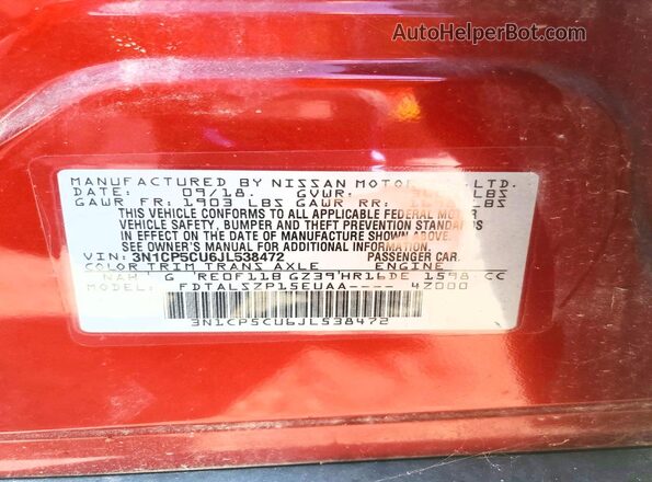 3N1CP5CU6JL538472 2018 NISSAN KICKS Red VIN sticker view