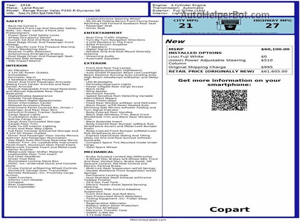 SALYL2RX3JA706700 2018 LAND ROVER RANGE Белый Вид задней части салона
