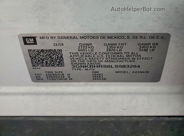 3GNKBHRS6LS583264 2020 CHEVROLET BLAZER White Widok wnętrza 360 stopni