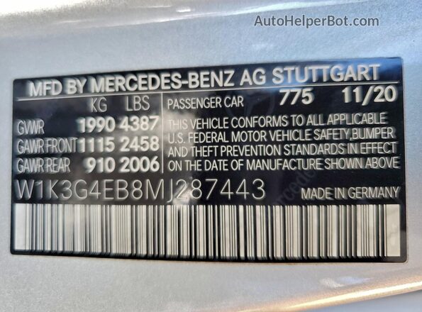 W1K3G4EB8MJ287443 2021 MERCEDES-BENZ A Silver Вид наклейки з VIN-кодом