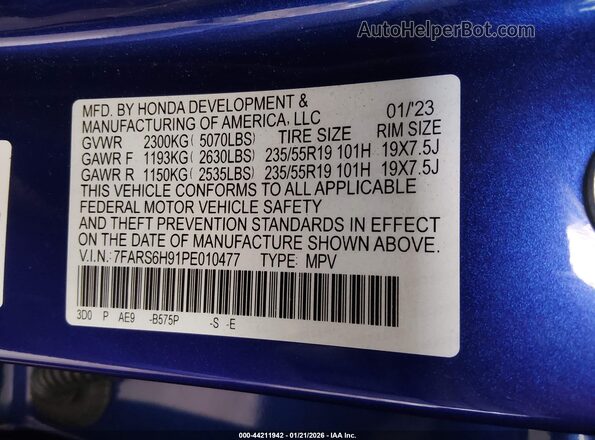 7FARS6H91PE010477 2023 HONDA CR-V HYBRID Blue 