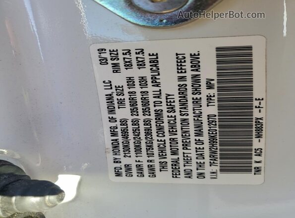 7FARW2H99KE012970 2019 HONDA CR-V White 