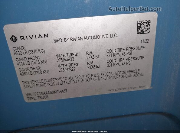 7FCTGAAA9NN014487 2022 RIVIAN R1T Blue Vista del compartimento del motor