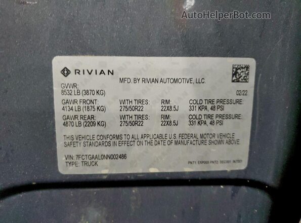 7FCTGAAL0NN002486 2022 RIVIAN R1T Gray VIN კოდის სტიკერის ხედი