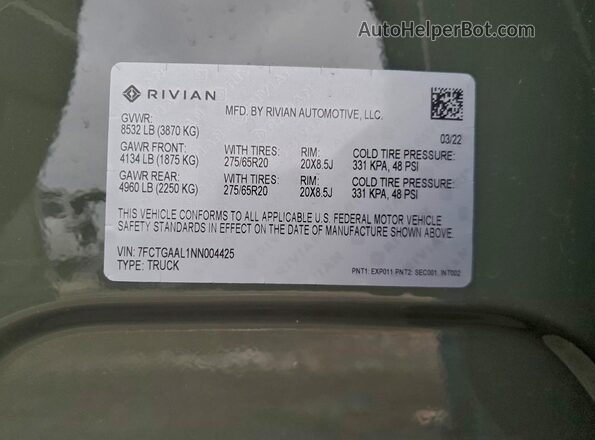 7FCTGAAL1NN004425 2022 RIVIAN R1T Green სალონის 360-გრადუსიანი ხედი