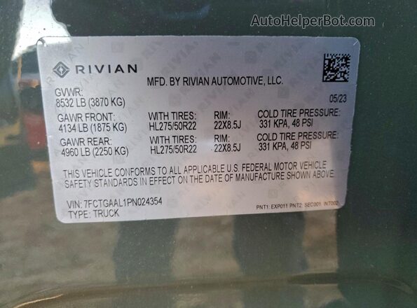 7FCTGAAL1PN024354 2023 RIVIAN R1T Green Widok naklejki z numerem VIN