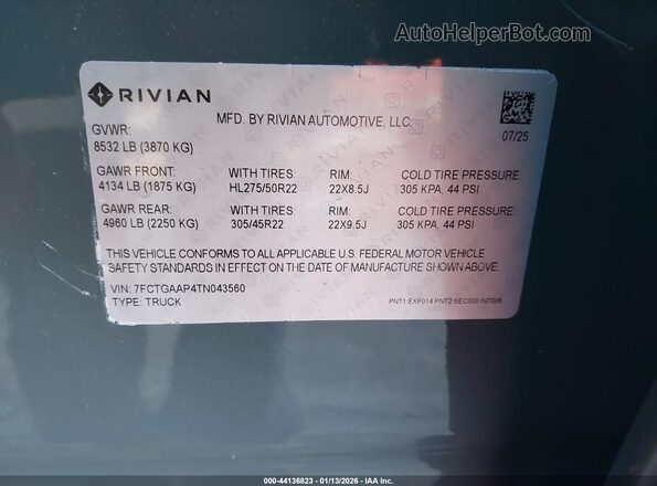 7FCTGAAP4TN043560 2026 RIVIAN R1T Teal Vista del compartimento del motor