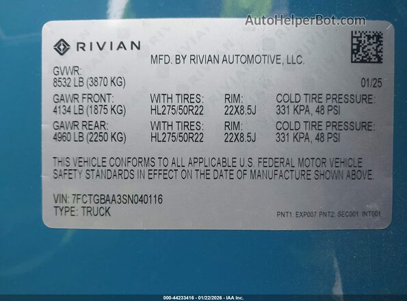 7FCTGBAA3SN040116 2025 RIVIAN R1T Синий Вид подкапотного пространства