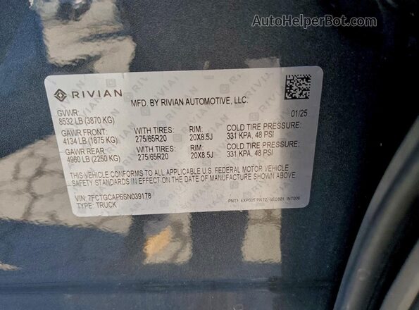7FCTGCAP6SN039178 2025 RIVIAN R1T Gray Շարժիչի բաժամունքի տեսք
