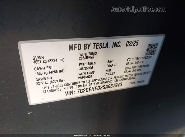 7G2CEHED3SA067943 2025 TESLA CYBERTRUCK White Widok komory silnika