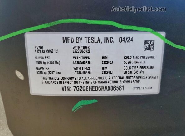 7G2CEHED6RA006581 2024 TESLA CYBERTRUCK Black Vista de la etiqueta del VIN