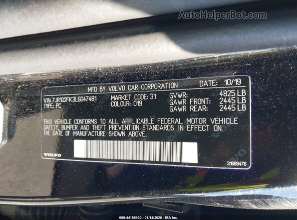 7JR102FK3LG047481 2020 VOLVO S60 Black Engine compartment view