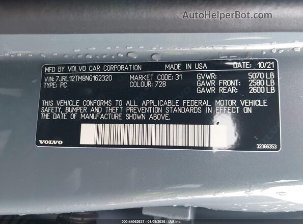 7JRL12TM8NG162320 2022 VOLVO S60 Turquoise Vista del compartimento del motor