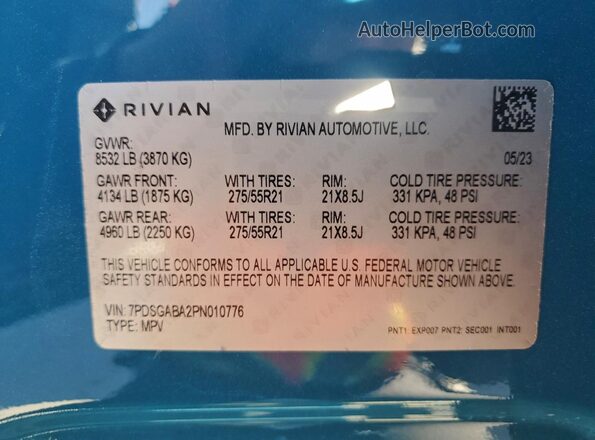 7PDSGABA2PN010776 2023 RIVIAN R1S Синий 