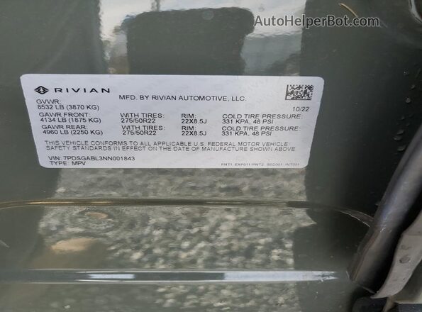 7PDSGABL3NN001843 2022 RIVIAN R1S Green VIN կոդի պիտակի տեսք