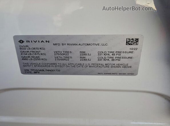 7PDSGABL7NN001733 2022 RIVIAN R1S White სალონის 360-გრადუსიანი ხედი