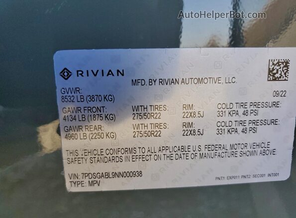 7PDSGABL9NN000938 2022 RIVIAN R1S Green Widok komory silnika