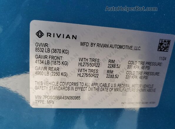7PDSGBBA4SN060965 2025 RIVIAN R1S Blue Панорамний вид салону 360°