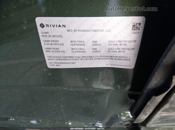 7PDSGBBA6SN073927 2025 RIVIAN R1S Green 