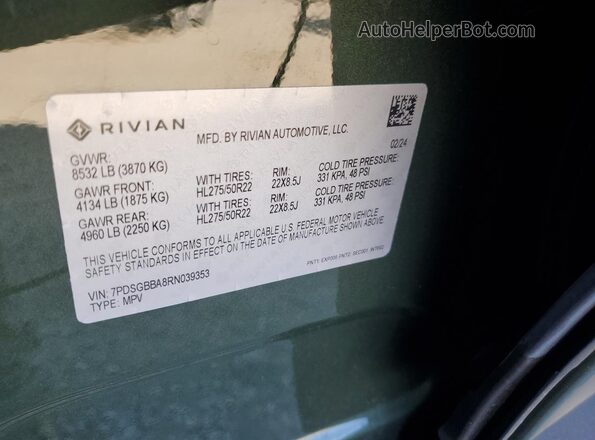 7PDSGBBA8RN039353 2024 RIVIAN R1S Green VIN კოდის სტიკერის ხედი