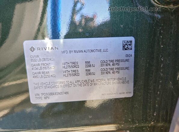 7PDSGBBAXSN057486 2025 RIVIAN R1S Green VIN კოდის სტიკერის ხედი