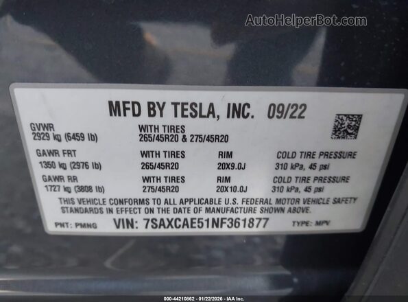 7SAXCAE51NF361877 2022 TESLA MODEL X Black Widok komory silnika