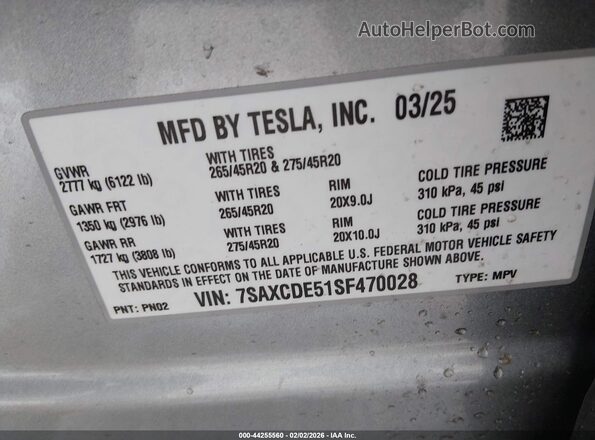 7SAXCDE51SF470028 2025 TESLA MODEL X Серый Вид подкапотного пространства
