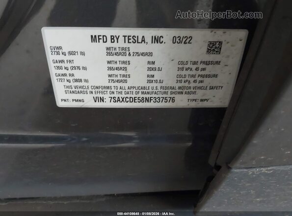 7SAXCDE58NF337576 2022 TESLA MODEL X Gray Widok komory silnika