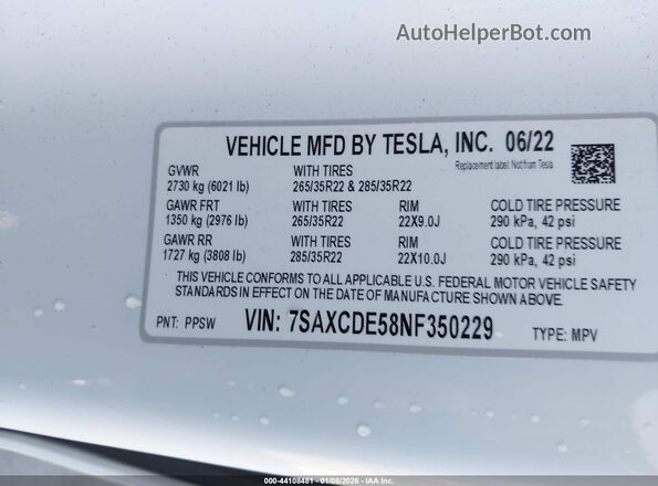 7SAXCDE58NF350229 2022 TESLA MODEL X White Vista del compartimento del motor