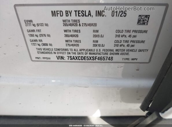 7SAXCDE5XSF465748 2025 TESLA MODEL X Белый Вид подкапотного пространства