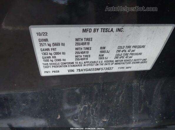 7SAYGAEE0NF573937 2022 TESLA MODEL Y Blue ძრავის განყოფილების ხედი