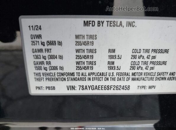 7SAYGAEE6SF262458 2025 TESLA MODEL Y Черный Вид подкапотного пространства