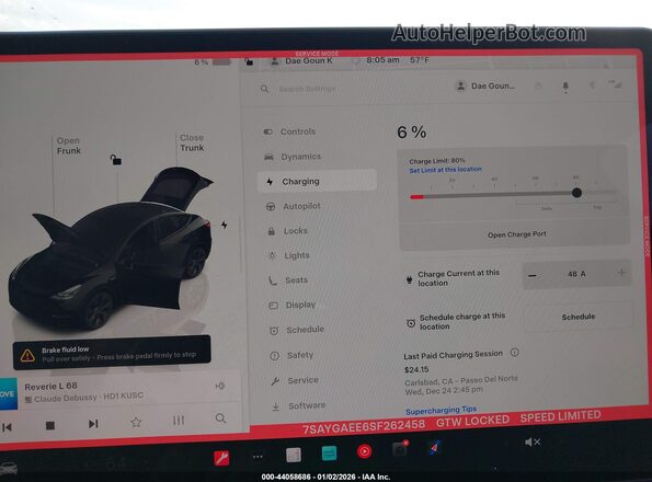 7SAYGAEE6SF262458 2025 TESLA MODEL Y Черный 