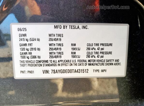 7SAYGDED0TA431512 2026 TESLA MODEL Gray Շարժիչի բաժամունքի տեսք