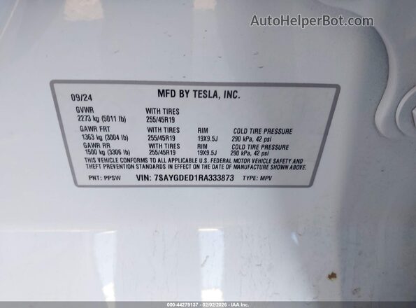 7SAYGDED1RA333873 2024 TESLA MODEL Y Белый Вид подкапотного пространства