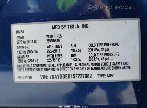 7SAYGDED1SF227982 2025 TESLA MODEL Y Синий Вид подкапотного пространства