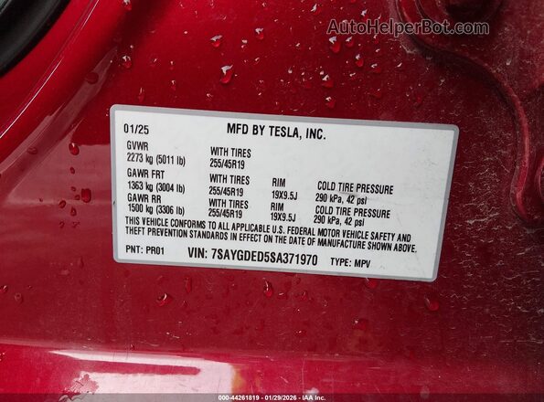 7SAYGDED5SA371970 2025 TESLA MODEL Y Red 