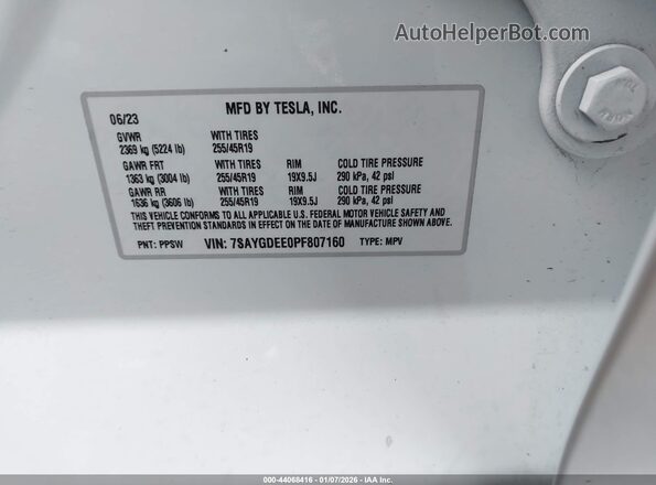 7SAYGDEE0PF807160 2023 TESLA MODEL Y White Вид підкапотного простору