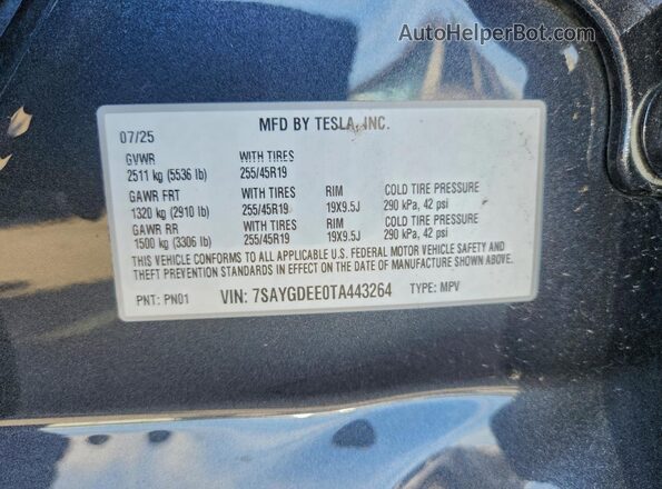 7SAYGDEE0TA443264 2026 TESLA MODEL Silver ძრავის განყოფილების ხედი
