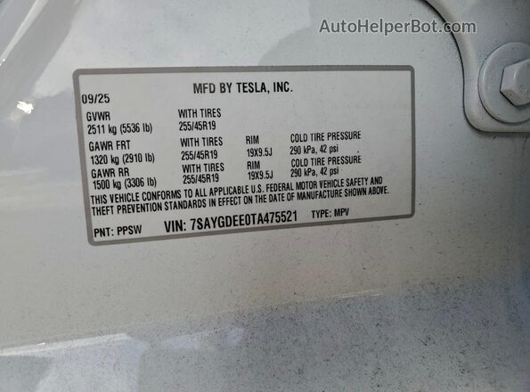 7SAYGDEE0TA475521 2026 TESLA MODEL White Շարժիչի բաժամունքի տեսք