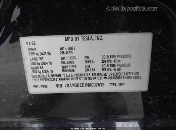 7SAYGDEE1NA007512 2022 TESLA MODEL Y Black ძრავის განყოფილების ხედი