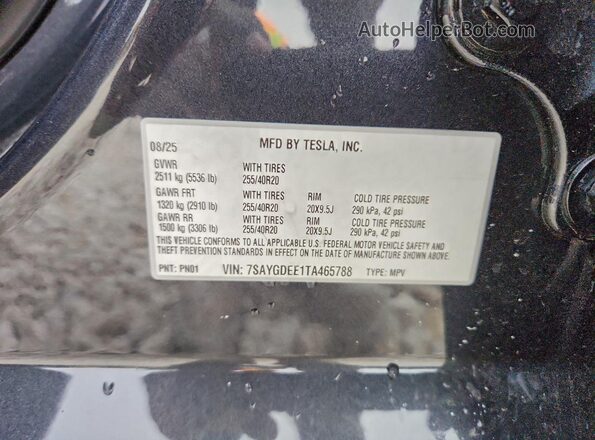 7SAYGDEE1TA465788 2026 TESLA MODEL Gray Vista de la etiqueta del VIN