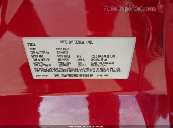 7SAYGDEE3NF386239 2022 TESLA MODEL Y Red Engine compartment view