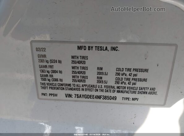 7SAYGDEE4NF385049 2022 TESLA MODEL Y White ძრავის განყოფილების ხედი