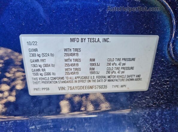 7SAYGDEE6NF576035 2022 TESLA MODEL Blue Engine compartment view