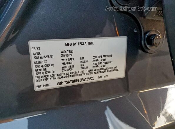 7SAYGDEE8PA129626 2023 TESLA MODEL Silver VIN sticker view