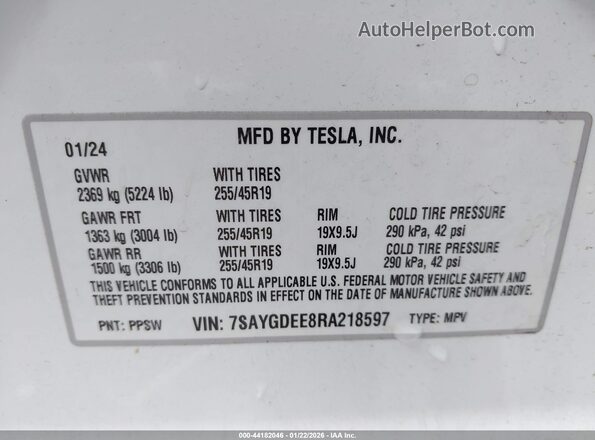 7SAYGDEE8RA218597 2024 TESLA MODEL Y White Շարժիչի բաժամունքի տեսք